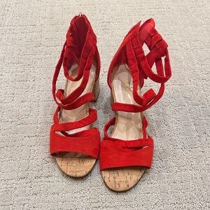 Nine West Red Suede Strappy Cork Wedge Sandals